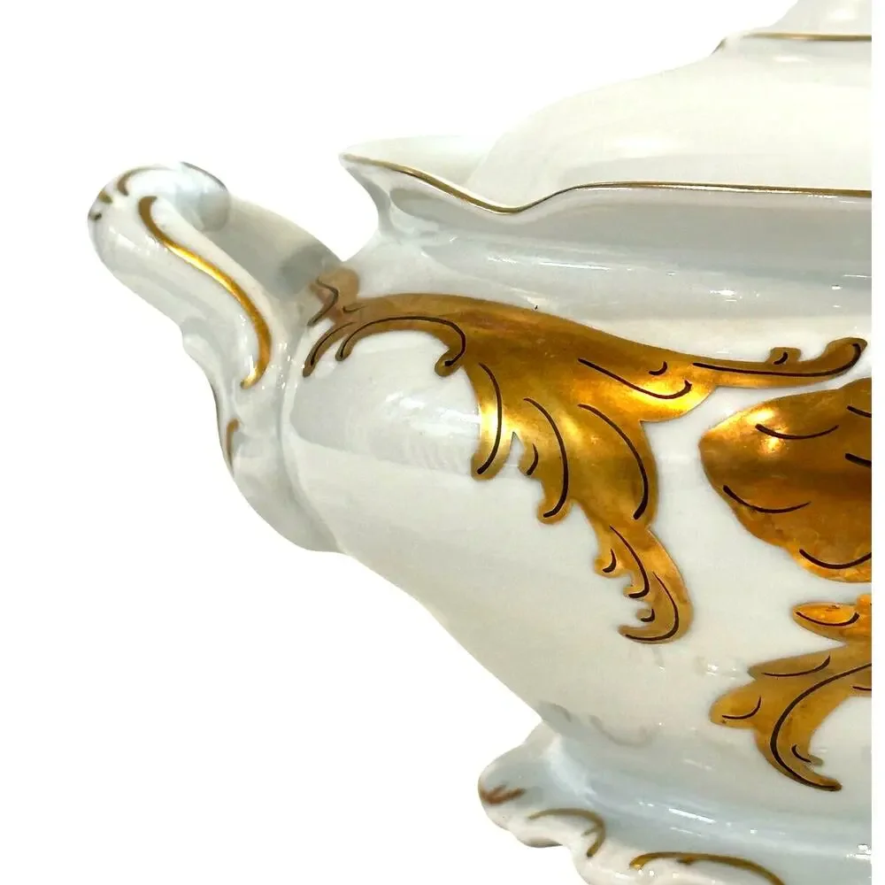 Walbrzych Poland Serving Dish w/Lid White Heavy Gold Scrolls-Rare-Excellent !